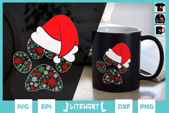 Christmas Dog Paws Santa Hat Snowflake Graphic